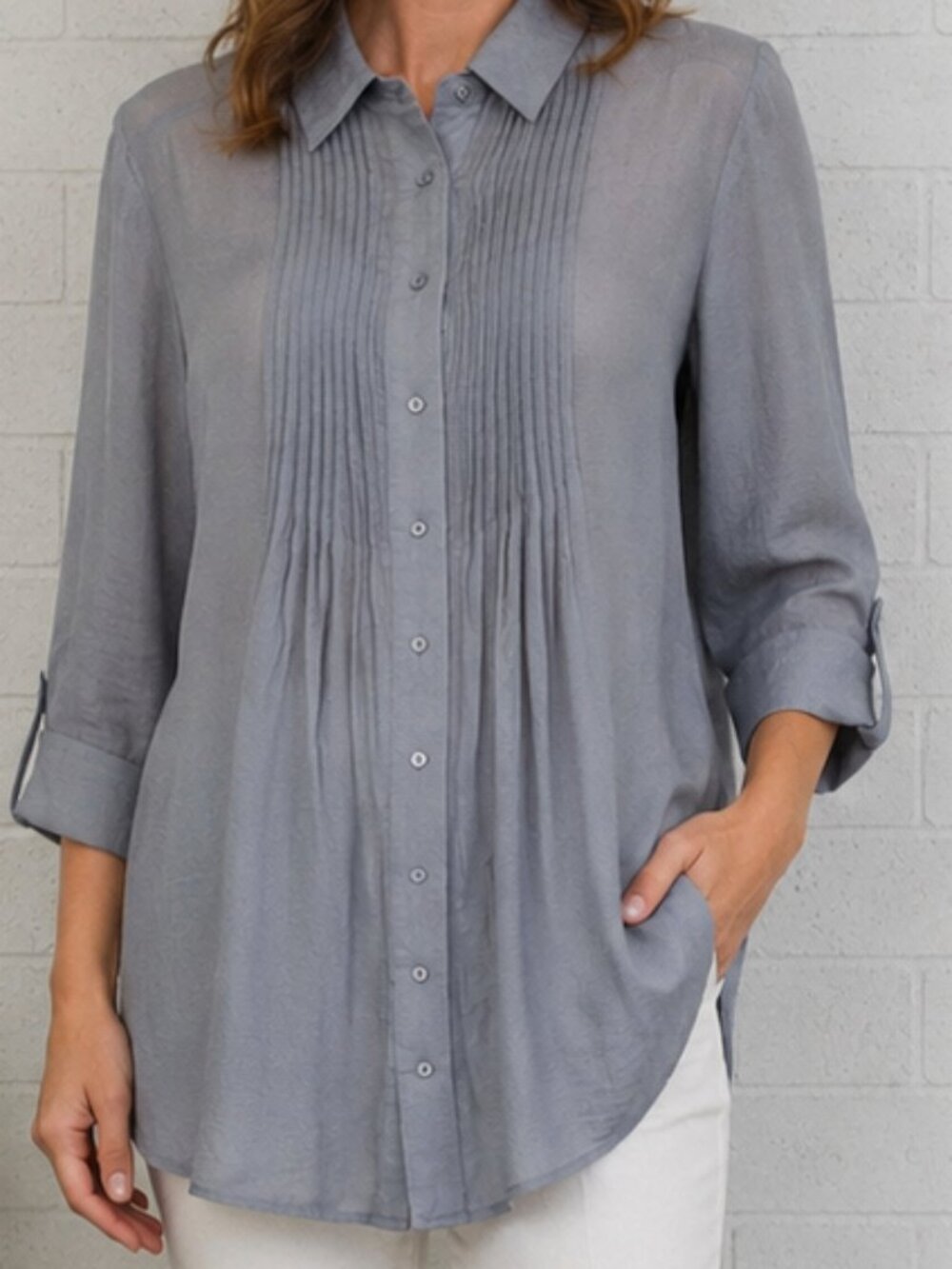 Alfani Large 12 14 Dove Gray Pintucked Bib Button Front Semi-Sheer Tunic Top